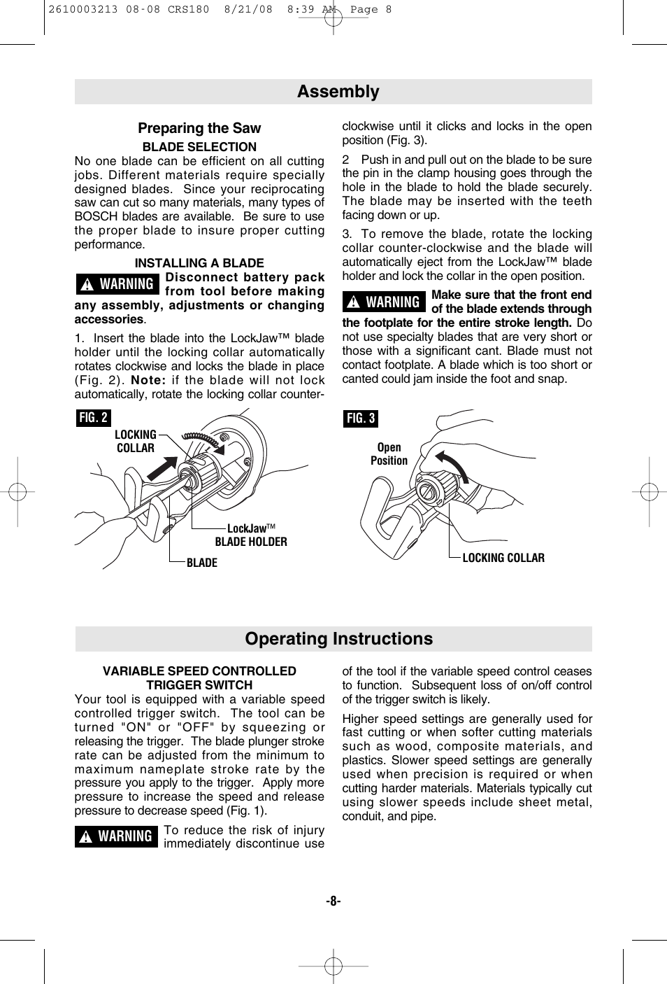 Operating instructions, Assembly | Bosch CRS180 User Manual | Page 8 / 44