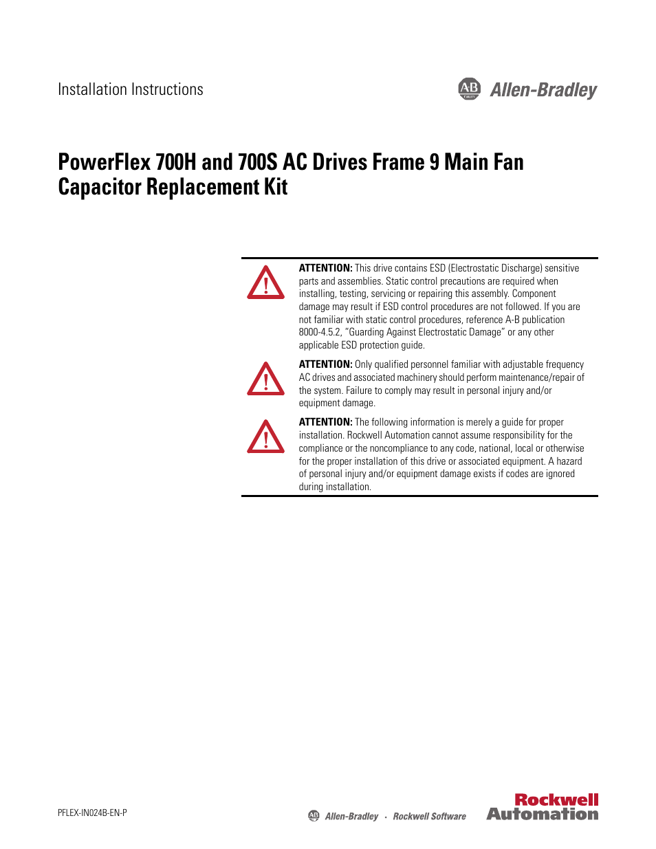 Rockwell Automation 20D PowerFlex 700H and 700S AC Drives Frame 9 Main Fan Capacitor Replacement Kit User Manual | 10 pages