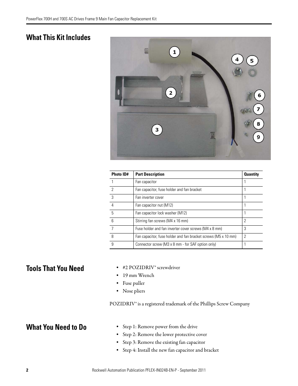 What this kit includes tools that you need, What you need to do | Rockwell Automation 20D PowerFlex 700H and 700S AC Drives Frame 9 Main Fan Capacitor Replacement Kit User Manual | Page 2 / 10