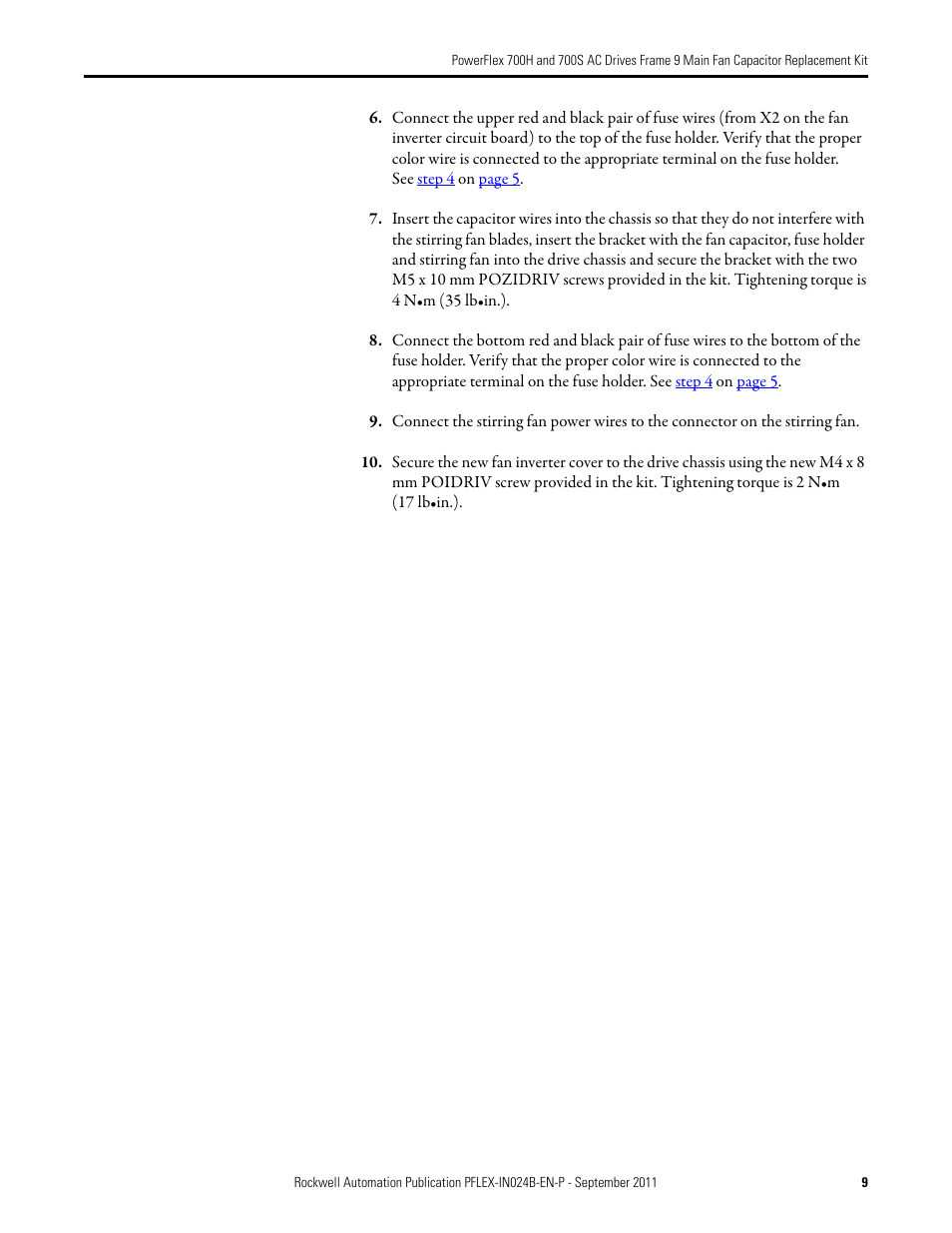 Rockwell Automation 20D PowerFlex 700H and 700S AC Drives Frame 9 Main Fan Capacitor Replacement Kit User Manual | Page 9 / 10