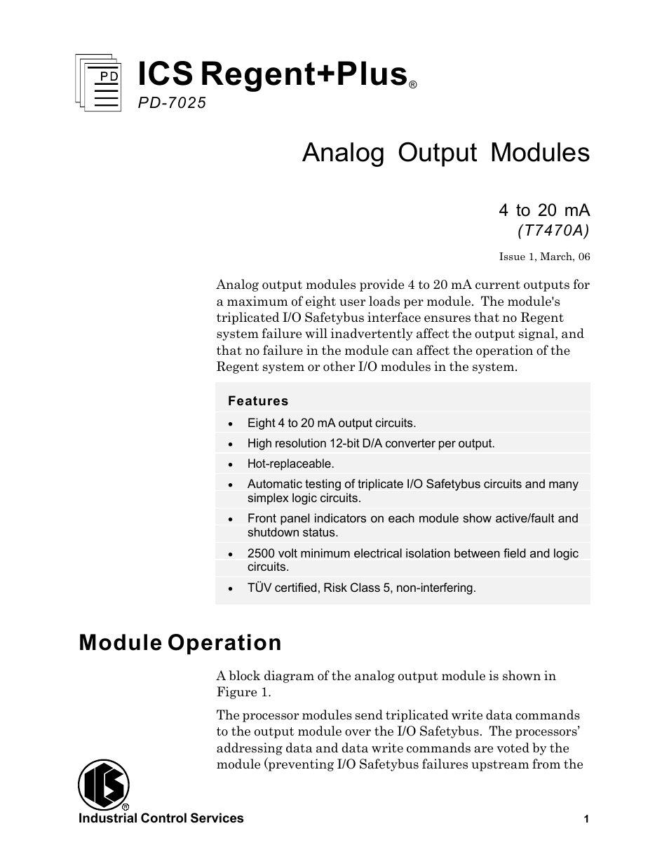 Rockwell Automation T7470A ICS Regent+Plus Analog Output Modules User Manual | 16 pages