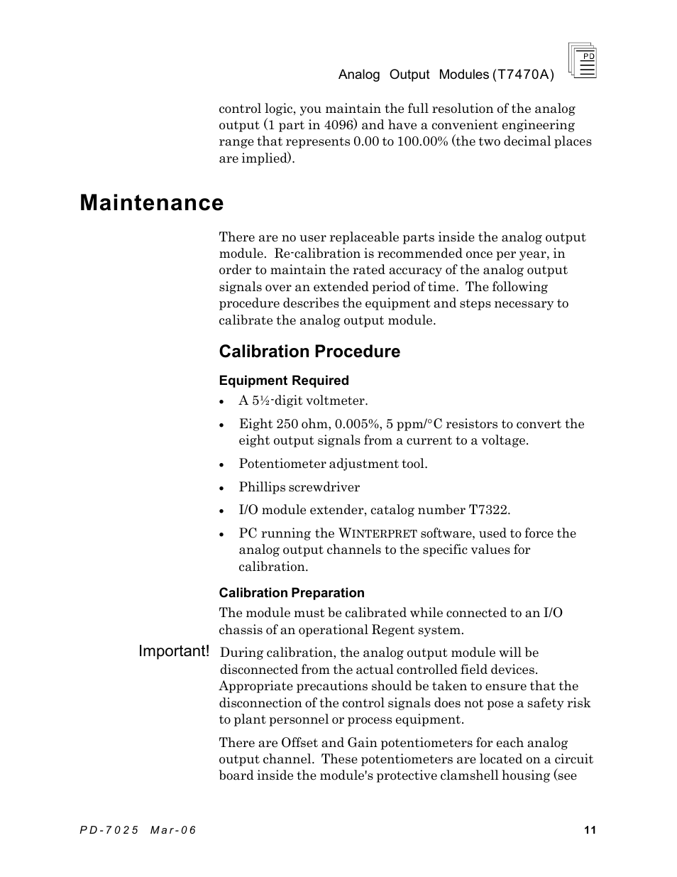 Maintenance, Calibration procedure, Important | Rockwell Automation T7470A ICS Regent+Plus Analog Output Modules User Manual | Page 11 / 16