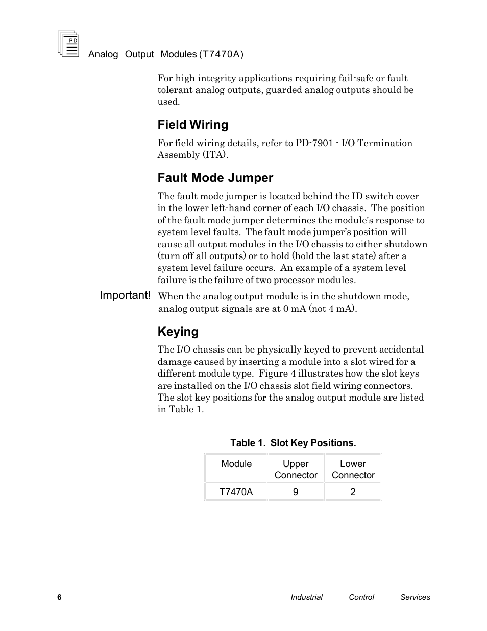 Field wiring, Fault mode jumper, Keying | Rockwell Automation T7470A ICS Regent+Plus Analog Output Modules User Manual | Page 6 / 16