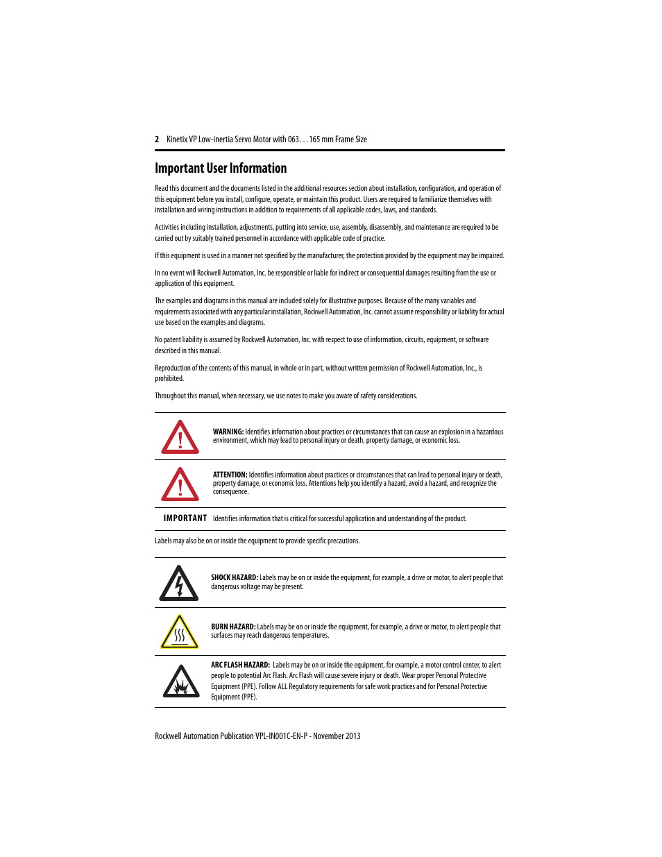 Important user information | Rockwell Automation VPL-xxxx Kinetix VP Low-inertia Servo Motor 063…165 mm Frame  User Manual | Page 2 / 32