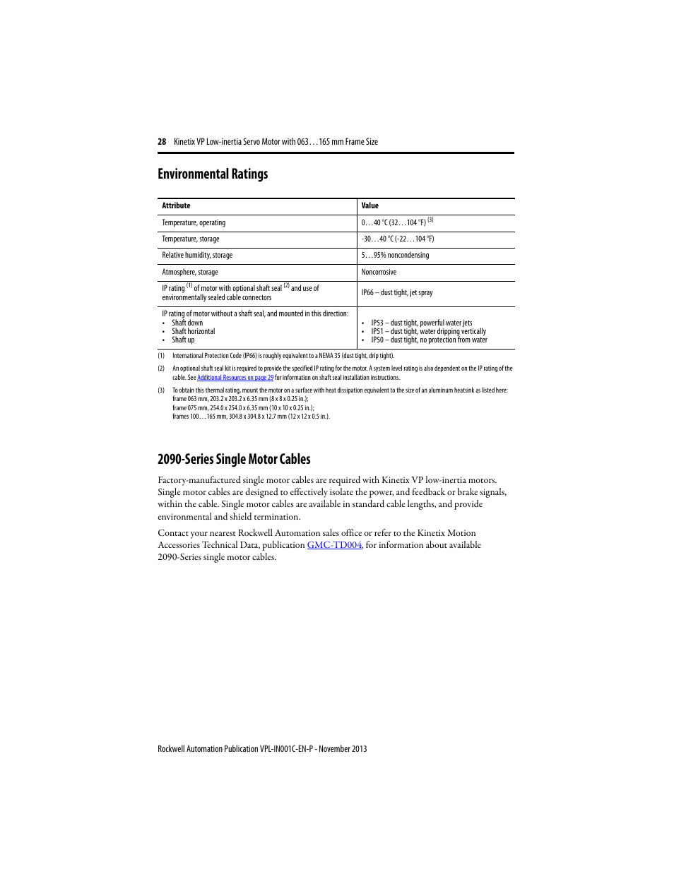 Environmental ratings, 2090-series single motor cables, Environmental ratings on | Environmental | Rockwell Automation VPL-xxxx Kinetix VP Low-inertia Servo Motor 063…165 mm Frame  User Manual | Page 28 / 32