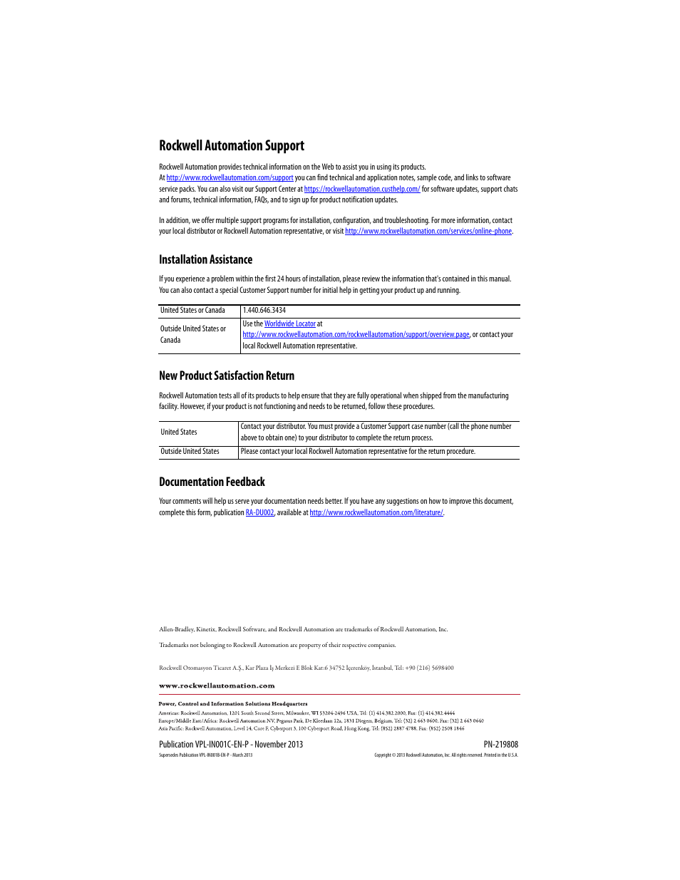 Back cover, Rockwell automation support, Installation assistance | New product satisfaction return, Documentation feedback | Rockwell Automation VPL-xxxx Kinetix VP Low-inertia Servo Motor 063…165 mm Frame  User Manual | Page 32 / 32