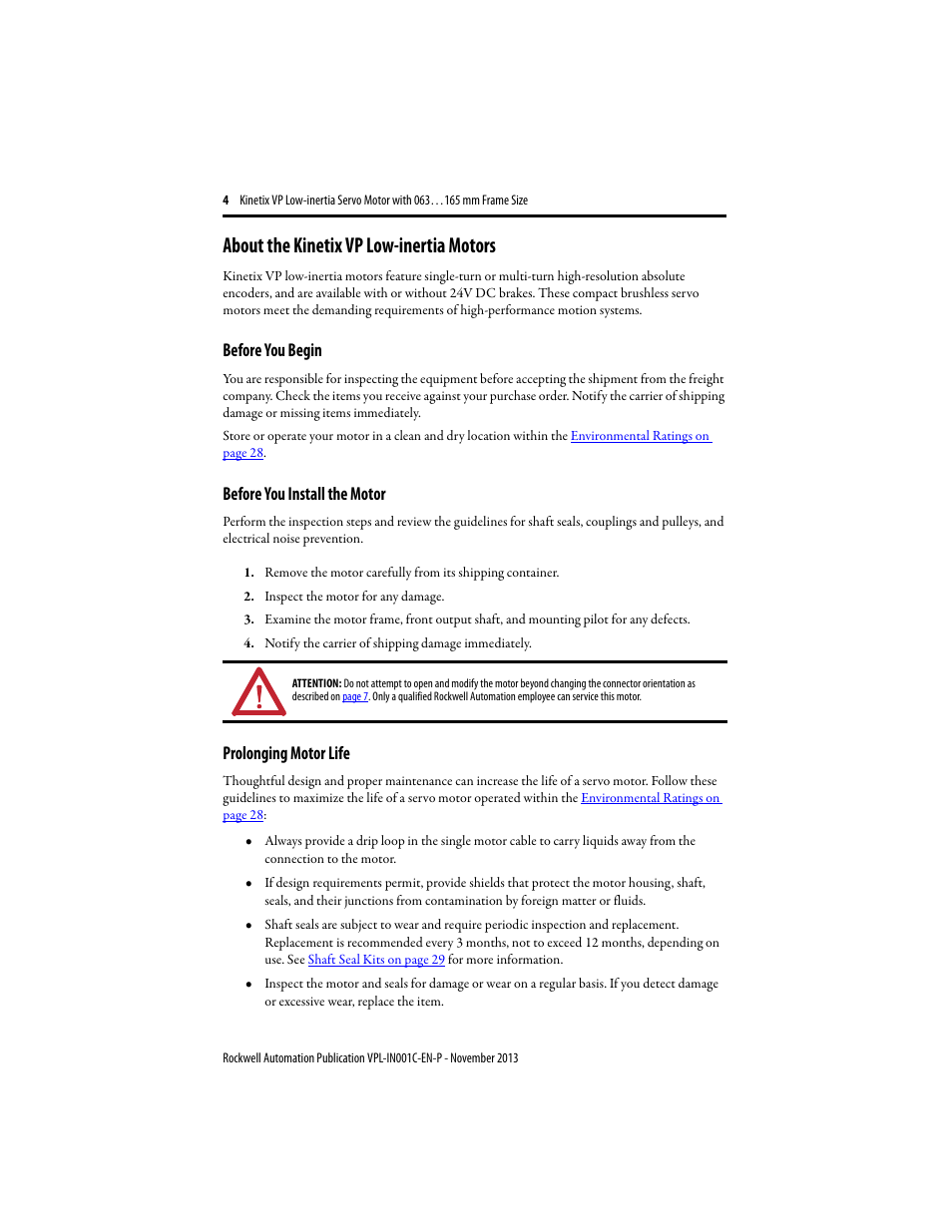 About the kinetix vp low-inertia motors, Before you begin, Before you install the motor | Prolonging motor life | Rockwell Automation VPL-xxxx Kinetix VP Low-inertia Servo Motor 063…165 mm Frame  User Manual | Page 4 / 32