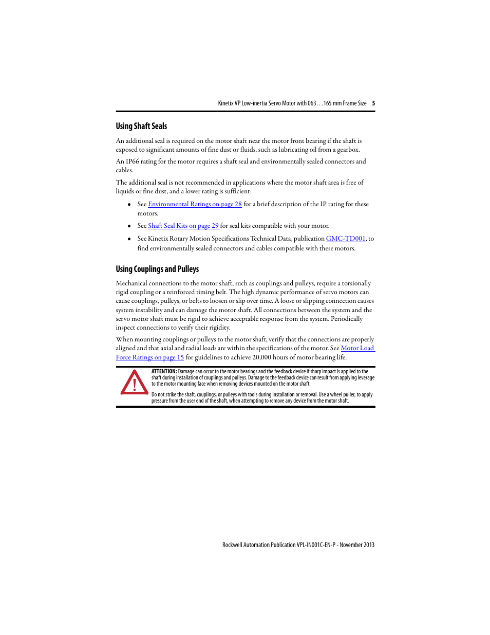 Using shaft seals, Using couplings and pulleys | Rockwell Automation VPL-xxxx Kinetix VP Low-inertia Servo Motor 063…165 mm Frame  User Manual | Page 5 / 32