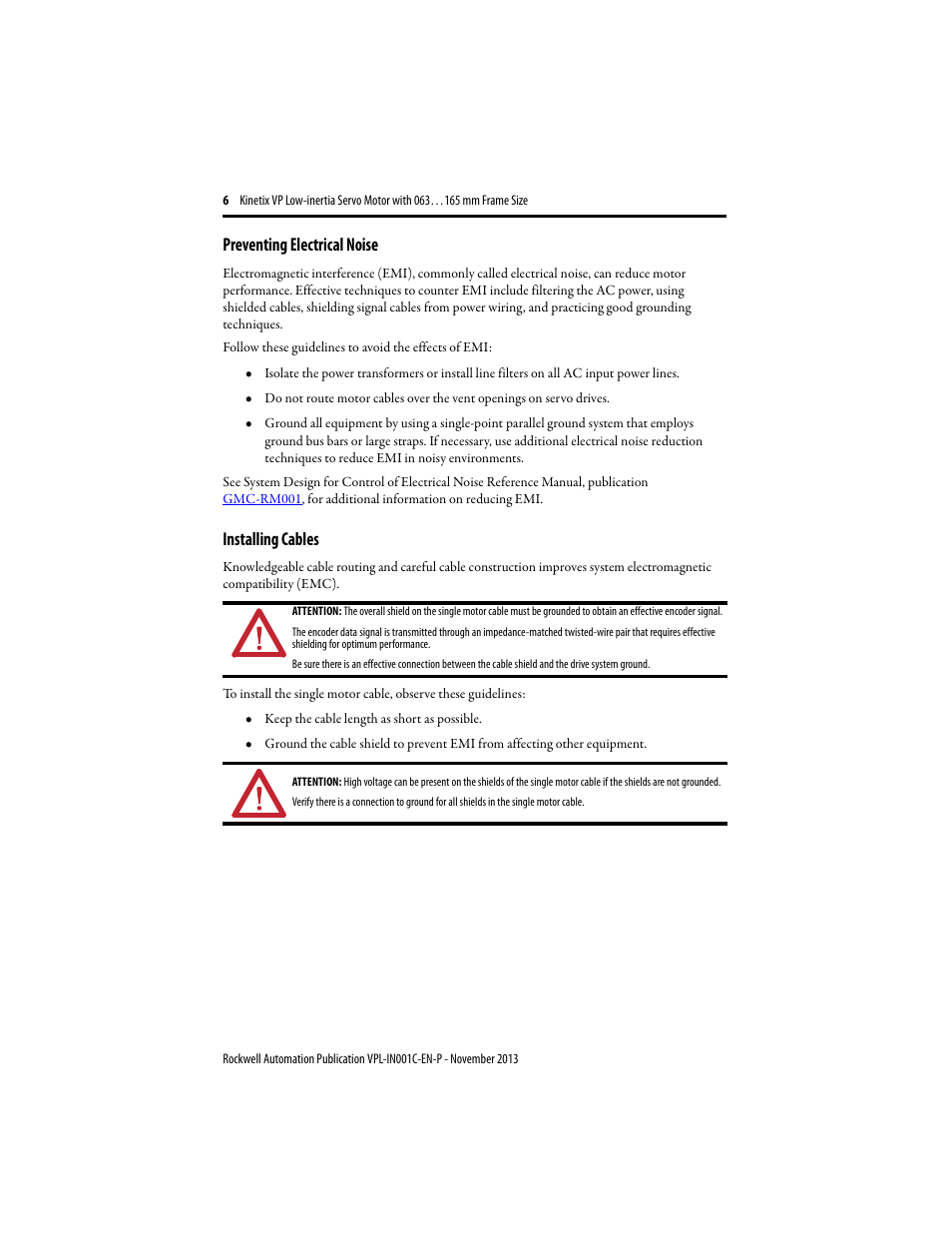 Preventing electrical noise, Installing cables | Rockwell Automation VPL-xxxx Kinetix VP Low-inertia Servo Motor 063…165 mm Frame  User Manual | Page 6 / 32