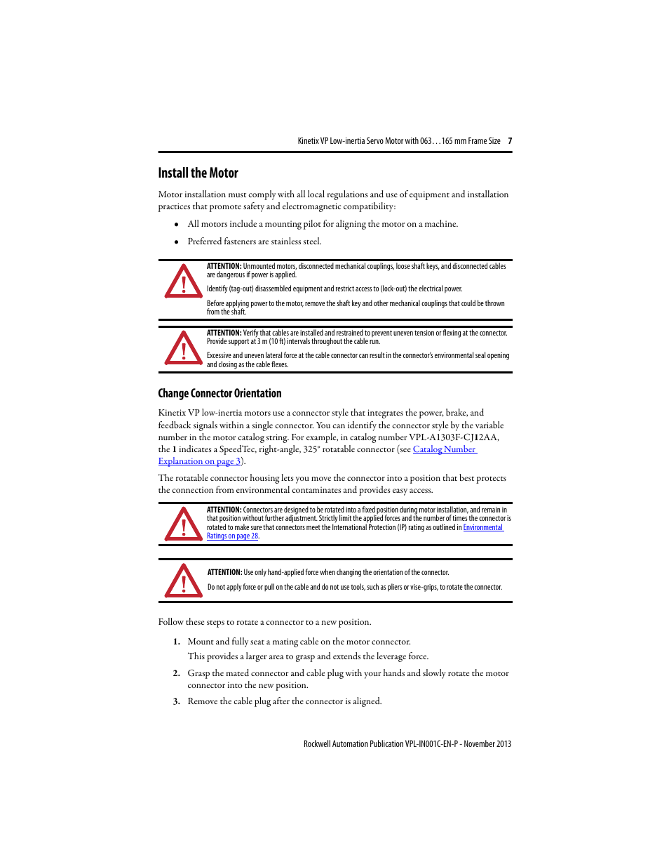 Install the motor, Change connector orientation, Described on | Rockwell Automation VPL-xxxx Kinetix VP Low-inertia Servo Motor 063…165 mm Frame  User Manual | Page 7 / 32