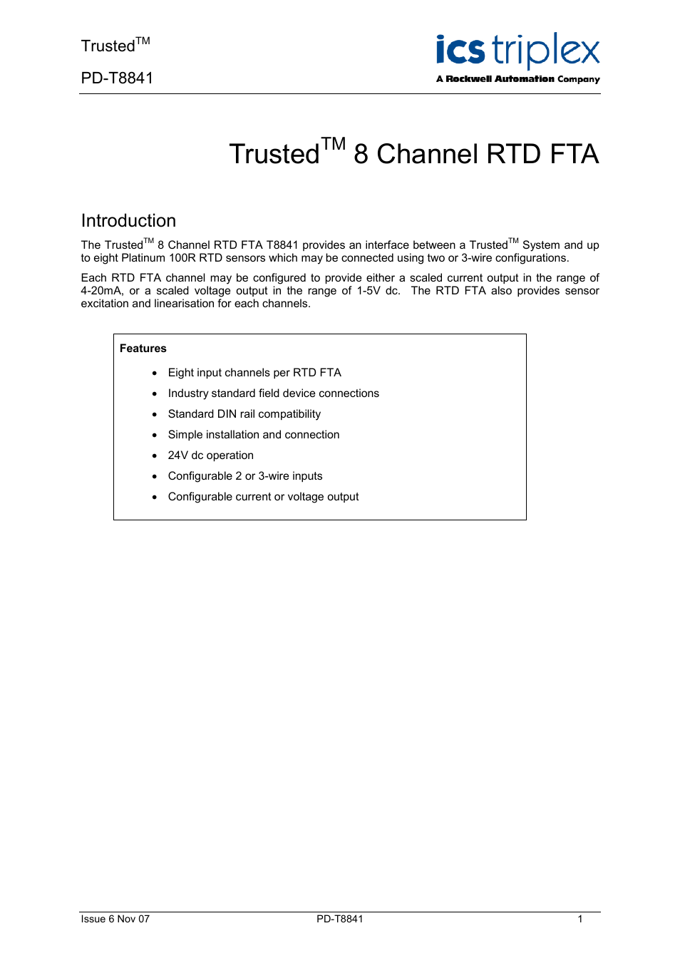 Rockwell Automation T8841 Trusted 8 Channel RTD FTA User Manual | 16 pages