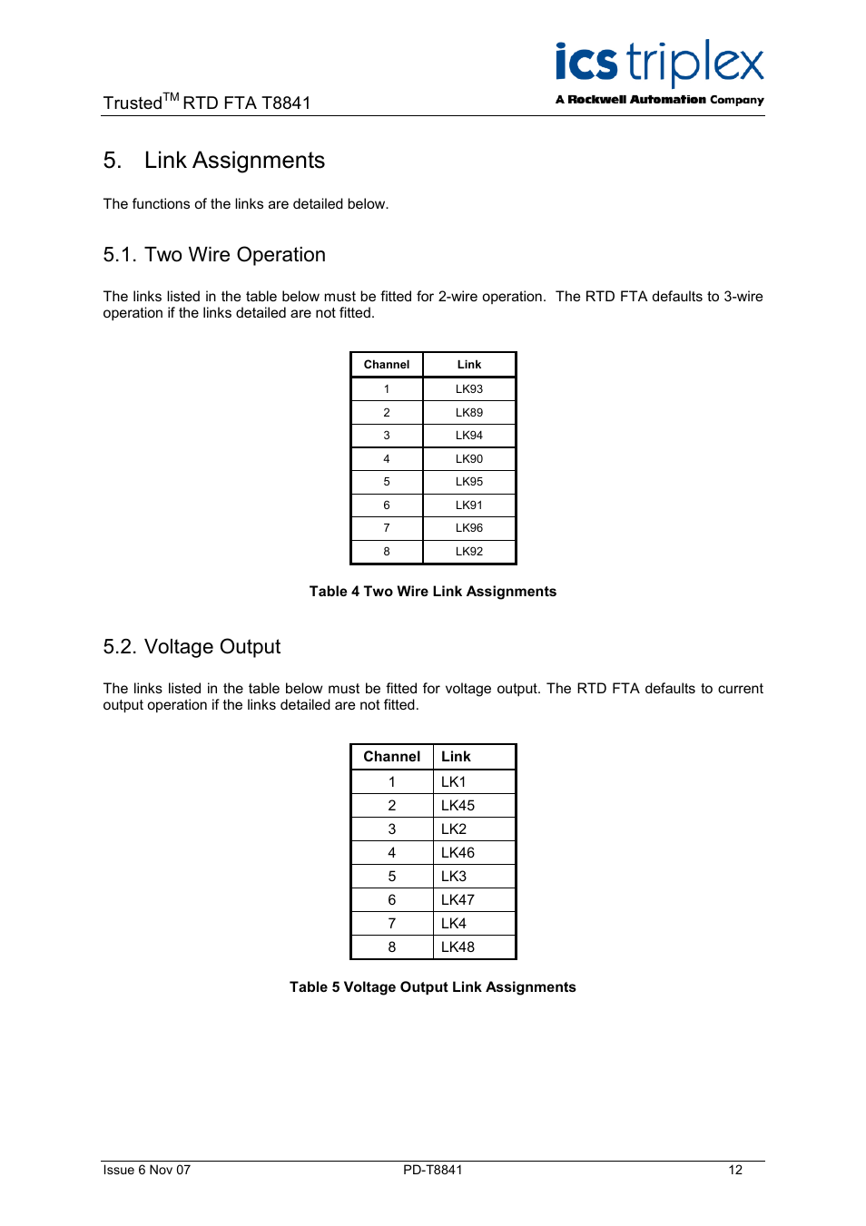 Link assignments, Two wire operation, Voltage output | Table 4 two wire link assignments, Table 5 voltage output link assignments, Trusted, Rtd fta t8841 | Rockwell Automation T8841 Trusted 8 Channel RTD FTA User Manual | Page 12 / 16