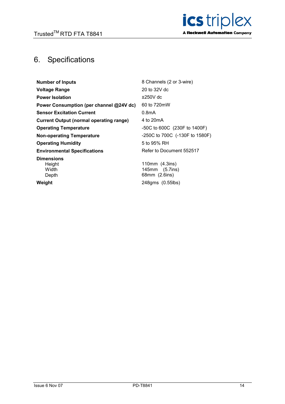Specifications, Trusted, Rtd fta t8841 | Rockwell Automation T8841 Trusted 8 Channel RTD FTA User Manual | Page 14 / 16