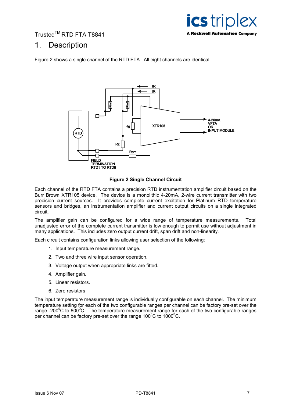 Description, Figure 2 single channel circuit, Trusted | Rtd fta t8841 | Rockwell Automation T8841 Trusted 8 Channel RTD FTA User Manual | Page 7 / 16