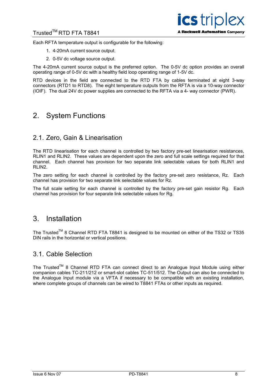 System functions, Zero, gain & linearisation, Installation | Cable selection | Rockwell Automation T8841 Trusted 8 Channel RTD FTA User Manual | Page 8 / 16