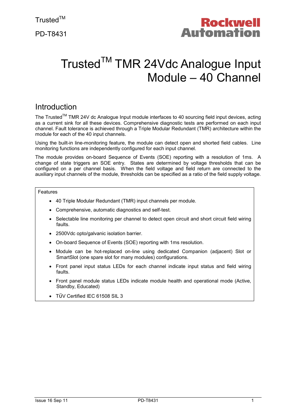 Rockwell Automation T8431 Trusted TMR 24Vdc Analogue Input Module - 40 Channel User Manual | 33 pages