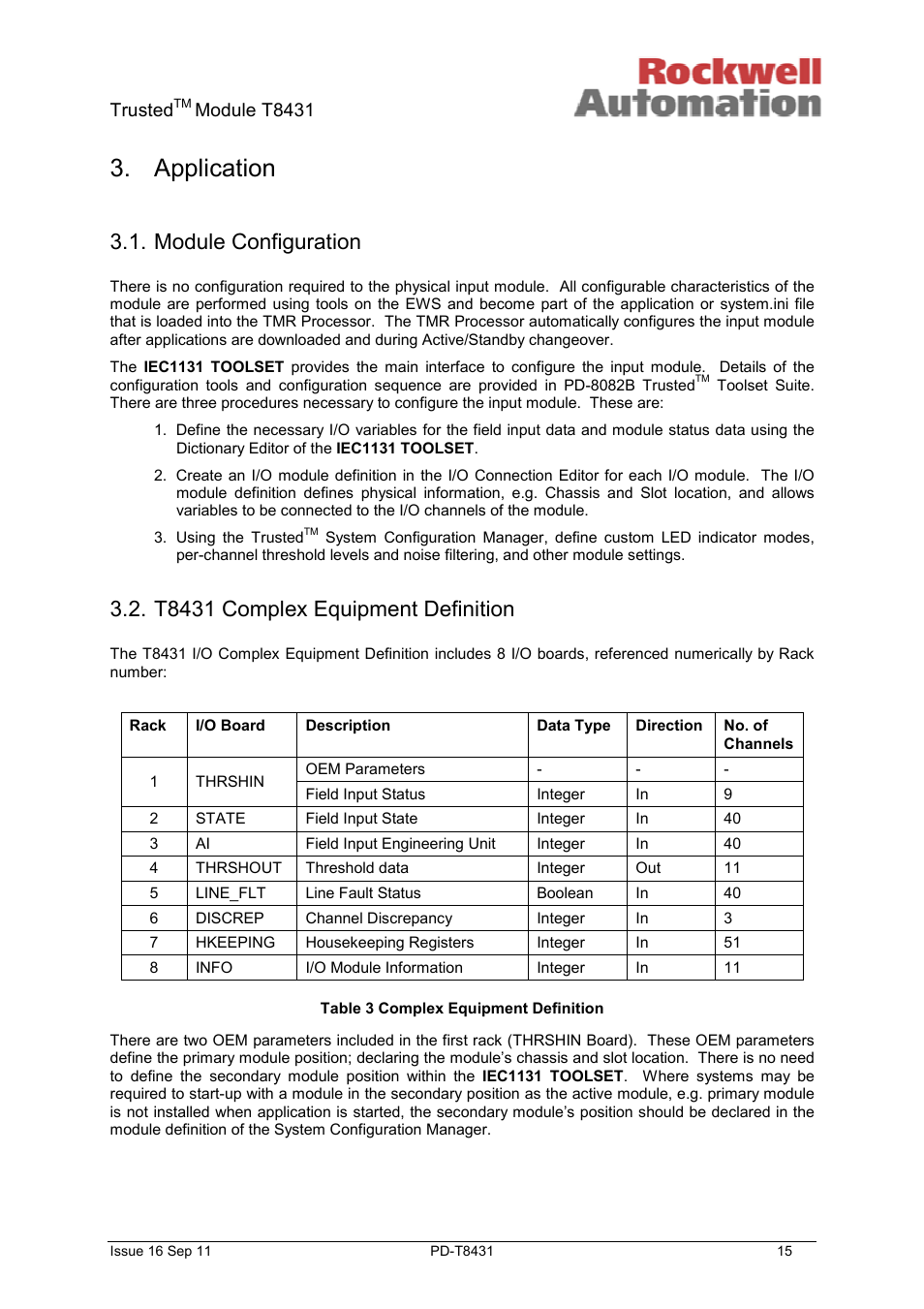 Application, Module configuration, T8431 complex equipment definition | Trusted, Module t8431 | Rockwell Automation T8431 Trusted TMR 24Vdc Analogue Input Module - 40 Channel User Manual | Page 15 / 33
