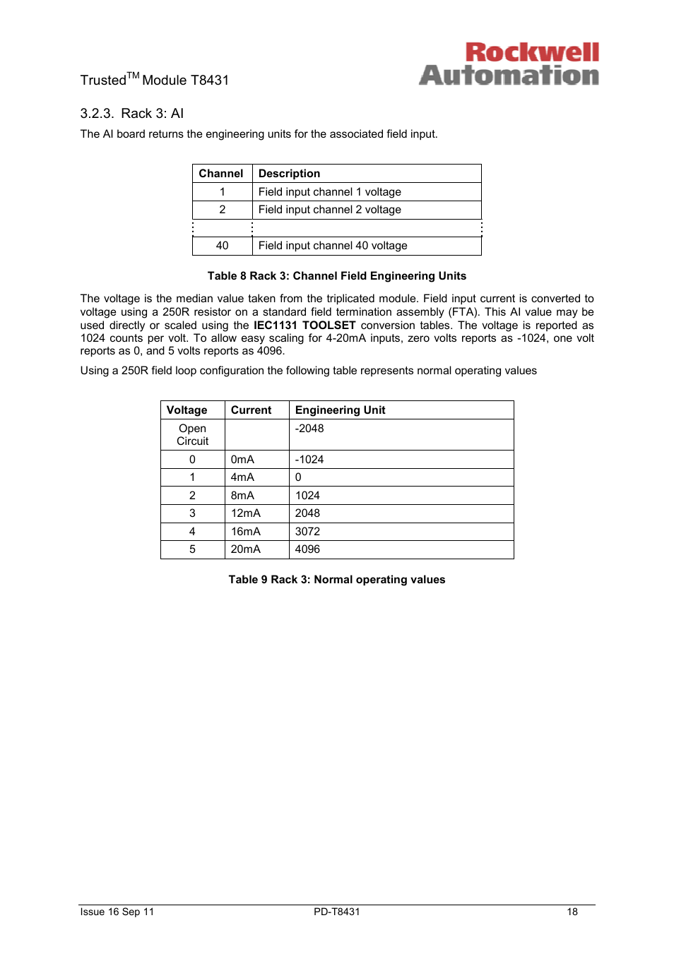 Trusted, Module t8431, Rack 3: ai | Rockwell Automation T8431 Trusted TMR 24Vdc Analogue Input Module - 40 Channel User Manual | Page 18 / 33