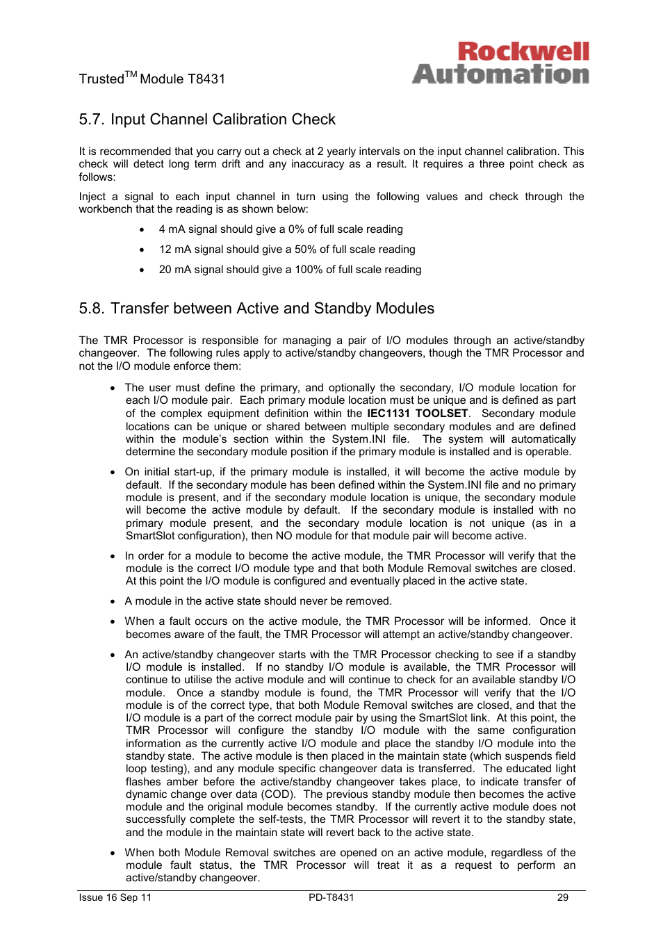 Input channel calibration check, Transfer between active and standby modules | Rockwell Automation T8431 Trusted TMR 24Vdc Analogue Input Module - 40 Channel User Manual | Page 29 / 33
