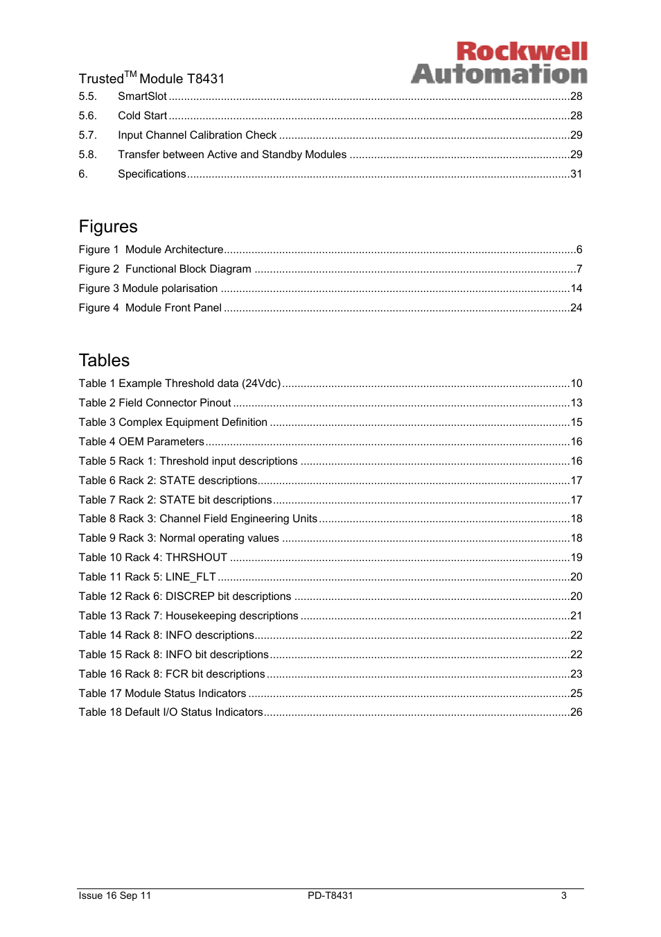 Figures, Tables | Rockwell Automation T8431 Trusted TMR 24Vdc Analogue Input Module - 40 Channel User Manual | Page 3 / 33