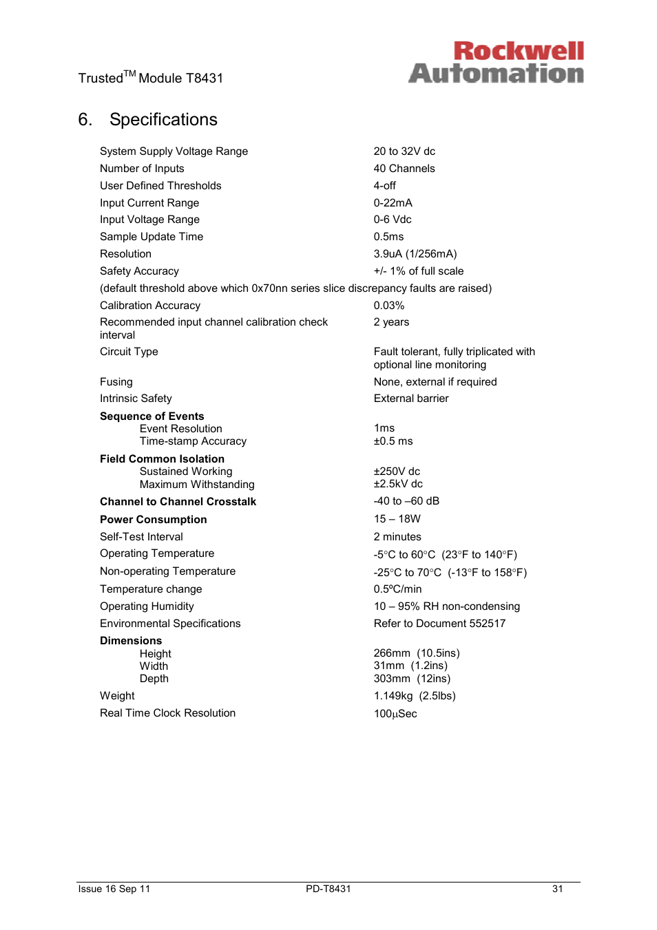 Specifications, Trusted, Module t8431 | Rockwell Automation T8431 Trusted TMR 24Vdc Analogue Input Module - 40 Channel User Manual | Page 31 / 33