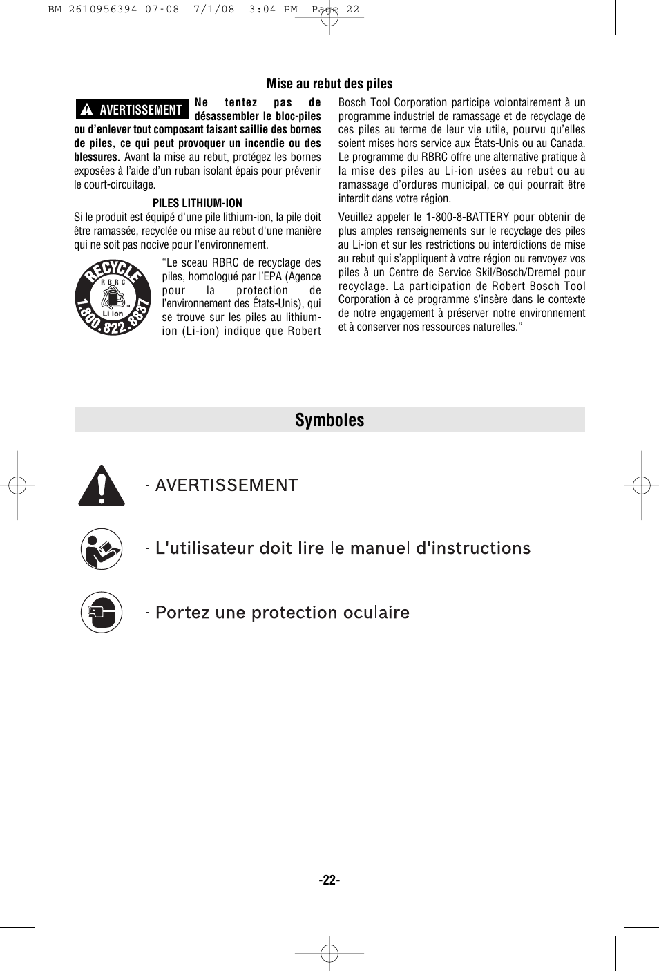 Symboles | Bosch 17618 User Manual | Page 22 / 52