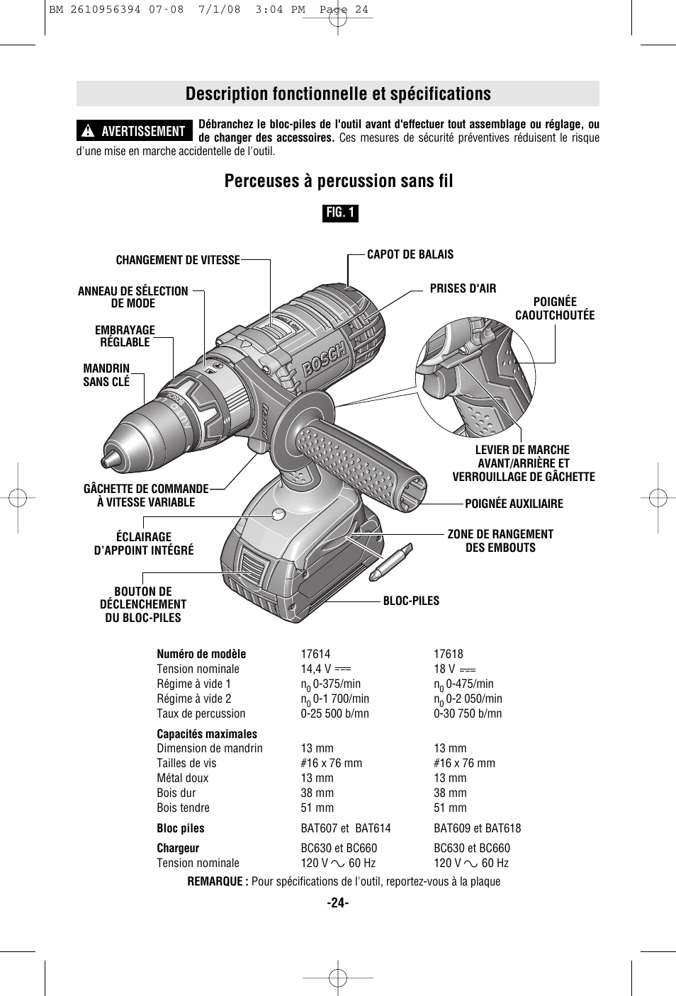 Description fonctionnelle et spécifications, Perceuses à percussion sans fil | Bosch 17618 User Manual | Page 24 / 52