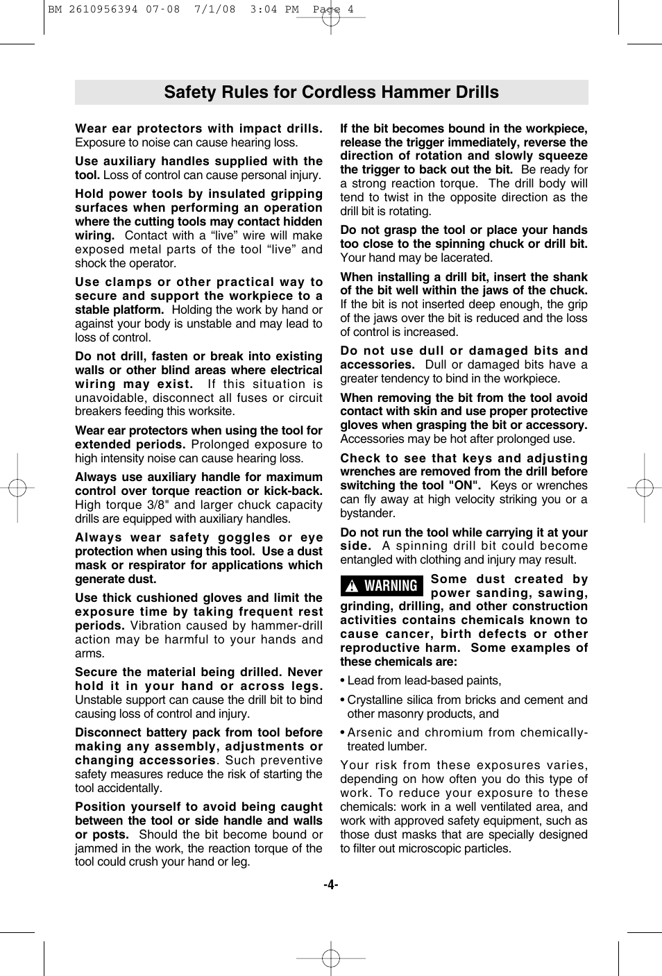 Safety rules for cordless hammer drills | Bosch 17618 User Manual | Page 4 / 52