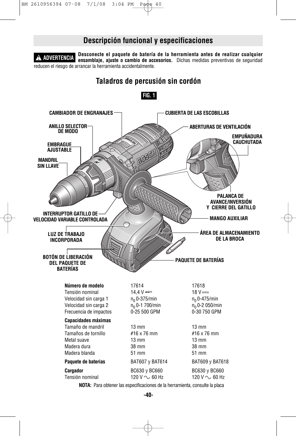 Descripción funcional y especificaciones, Taladros de percusión sin cordón | Bosch 17618 User Manual | Page 40 / 52