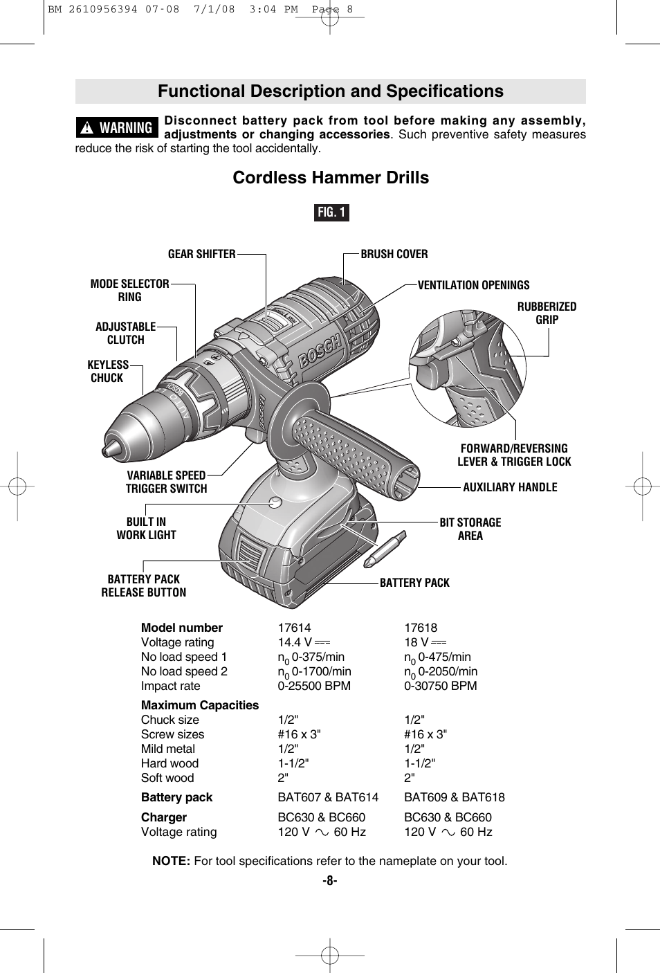 Functional description and specifications, Cordless hammer drills | Bosch 17618 User Manual | Page 8 / 52