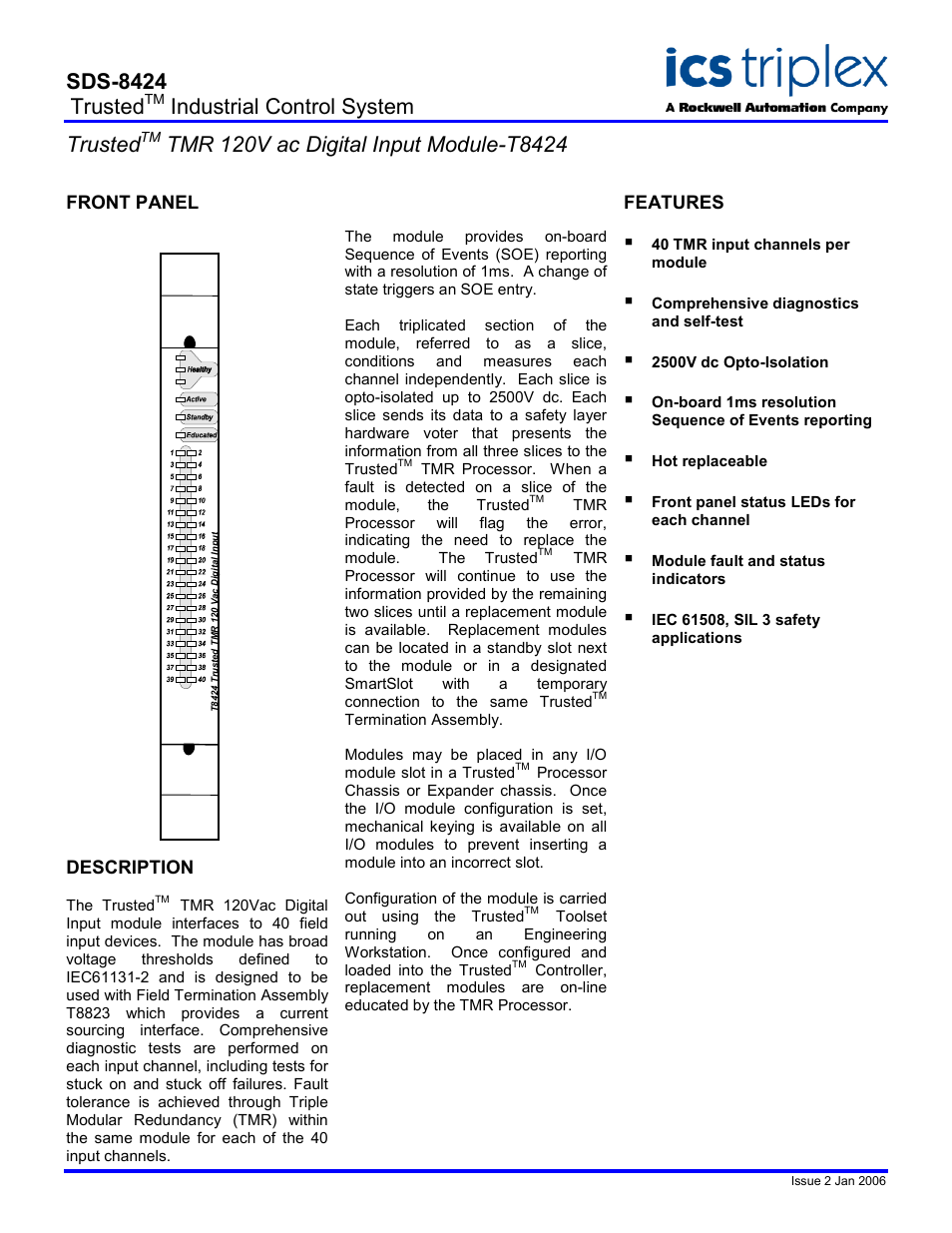Rockwell Automation T8424 Trusted TMR 120V ac Digital Input Module User Manual | 2 pages