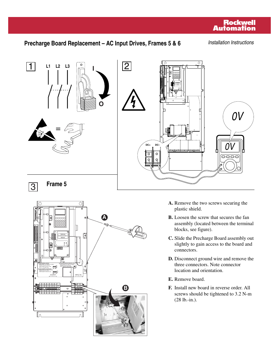 Rockwell Automation GV3000 Precharge Board Replacement Instructions - AC Input, Frames 5 and 6 User Manual | 2 pages