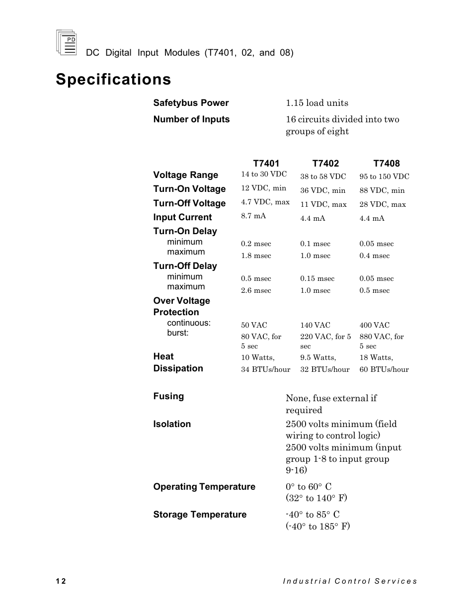 Specifications | Rockwell Automation T7408 ICS Regent+Plus DC Digital Input Modules 24VDC, 48VDC and 120VDC User Manual | Page 12 / 13