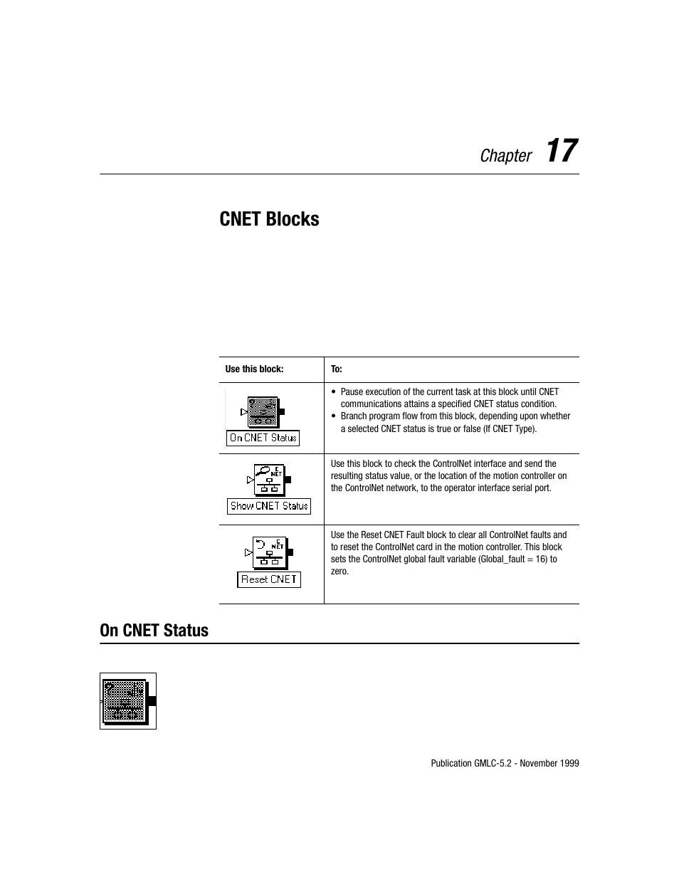 Cnet blocks, Chapter, On cnet status | Rockwell Automation GMLC Reference Manual User Manual | Page 420 / 958