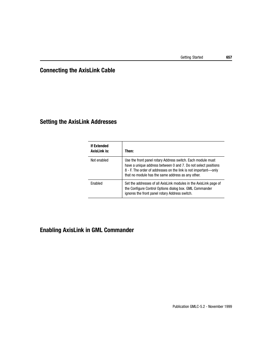 Connecting the axislink cable, Setting the axislink addresses, Enabling axislink in gml commander | Rockwell Automation GMLC Reference Manual User Manual | Page 694 / 958