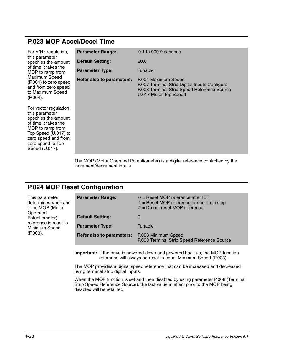 P.023 mop accel/decel time, P.024 mop reset configuration | Rockwell Automation Liqui-Flo AC GP Vector Drive Version 6.4 User Manual | Page 110 / 226