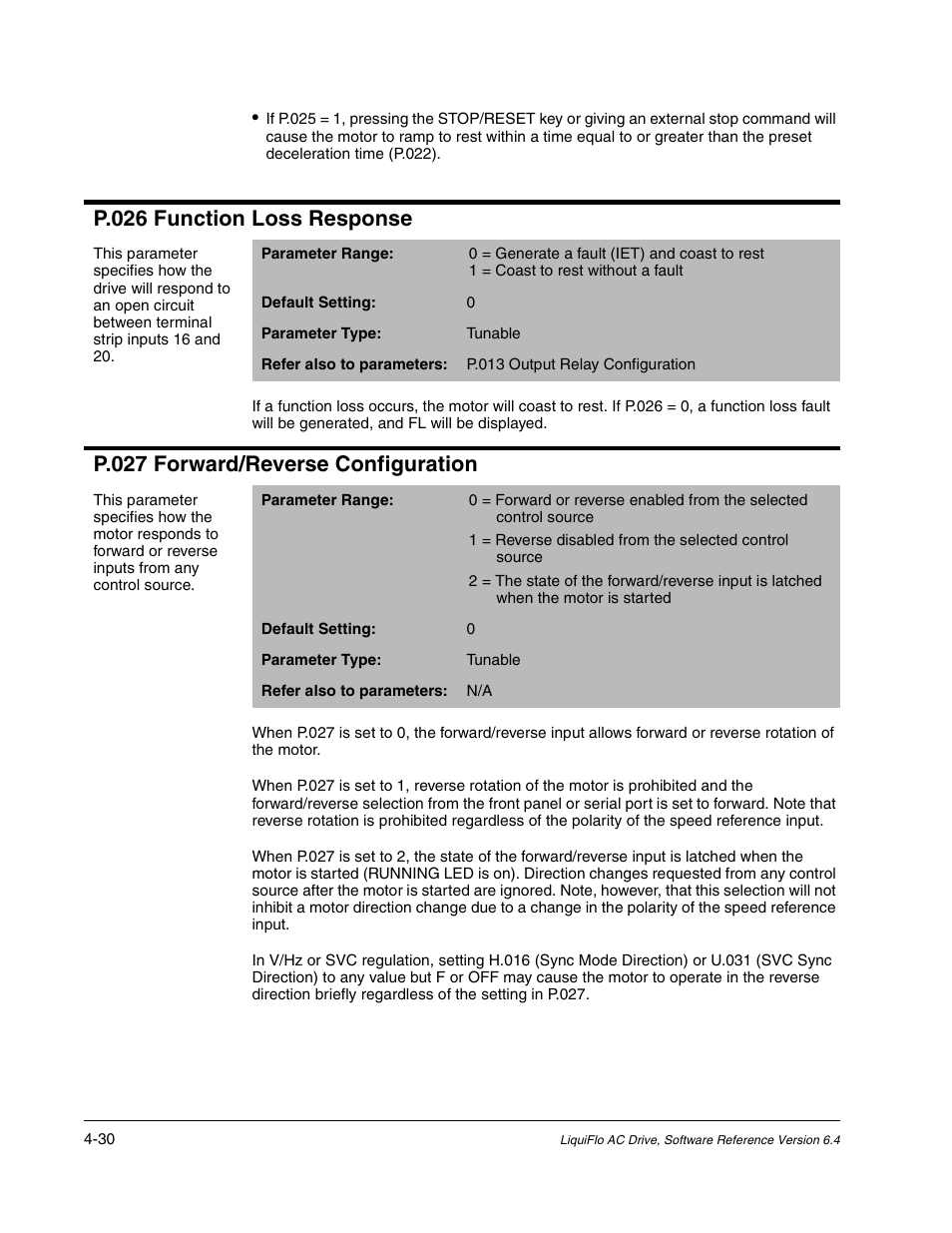 P.026 function loss response, P.027 forward/reverse configuration | Rockwell Automation Liqui-Flo AC GP Vector Drive Version 6.4 User Manual | Page 112 / 226