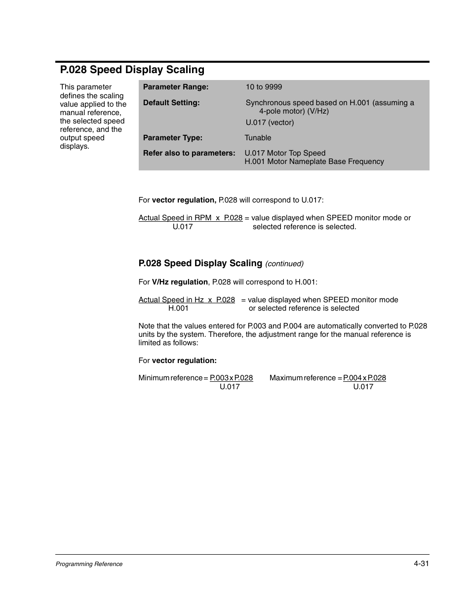 P.028 speed display scaling | Rockwell Automation Liqui-Flo AC GP Vector Drive Version 6.4 User Manual | Page 113 / 226