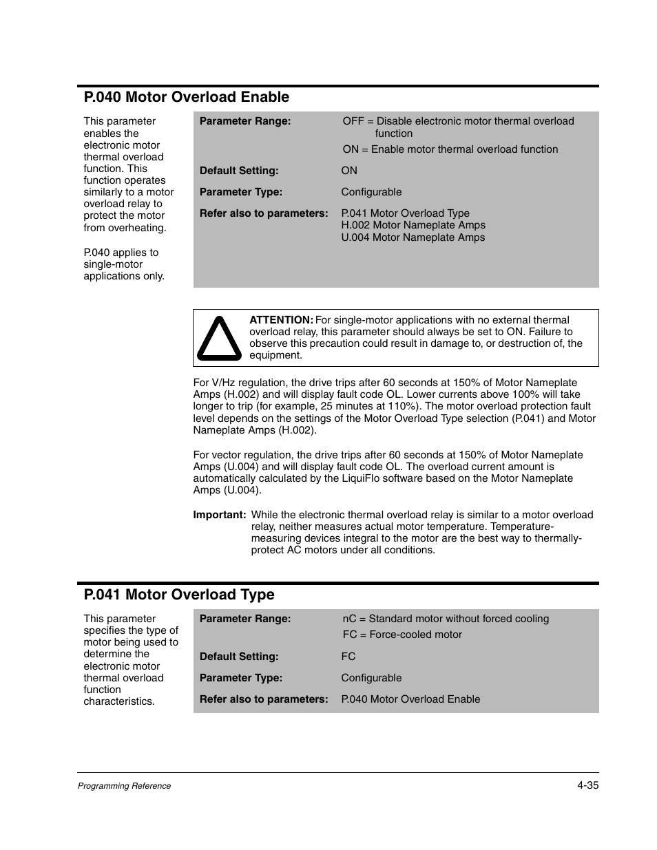 P.040 motor overload enable, P.041 motor overload type | Rockwell Automation Liqui-Flo AC GP Vector Drive Version 6.4 User Manual | Page 117 / 226