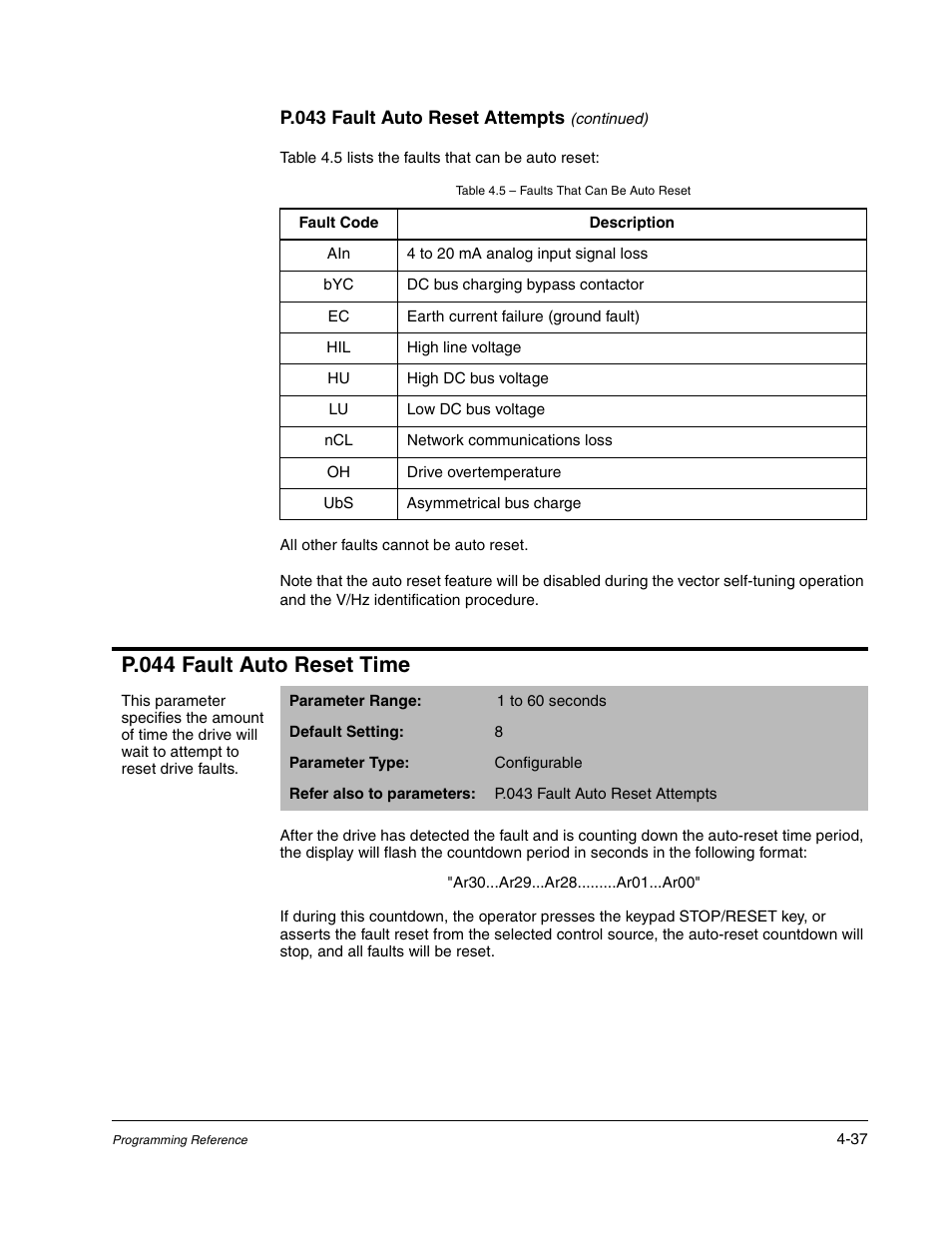 P.044 fault auto reset time | Rockwell Automation Liqui-Flo AC GP Vector Drive Version 6.4 User Manual | Page 119 / 226