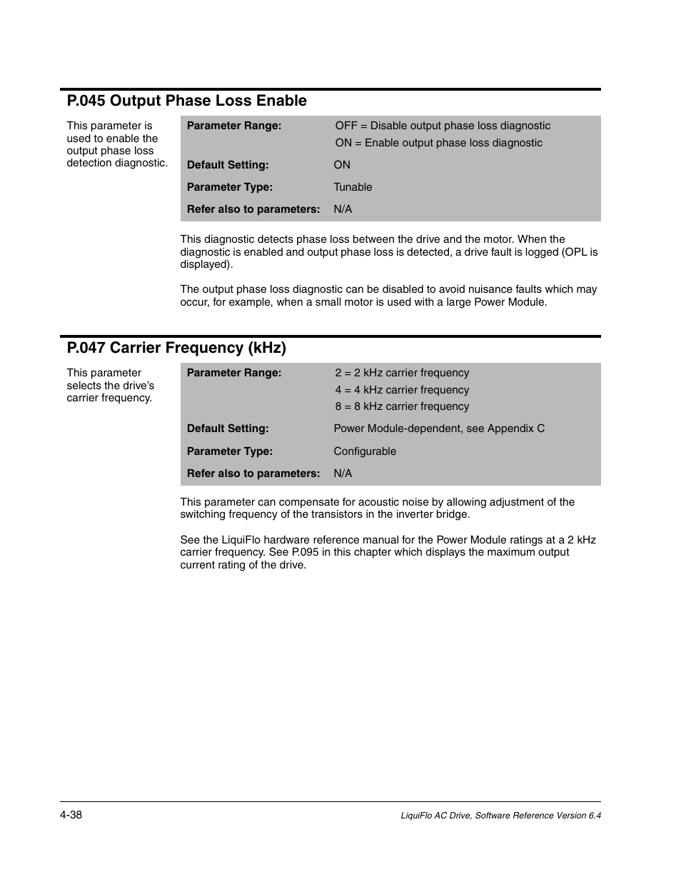 P.045 output phase loss enable, P.047 carrier frequency (khz) | Rockwell Automation Liqui-Flo AC GP Vector Drive Version 6.4 User Manual | Page 120 / 226