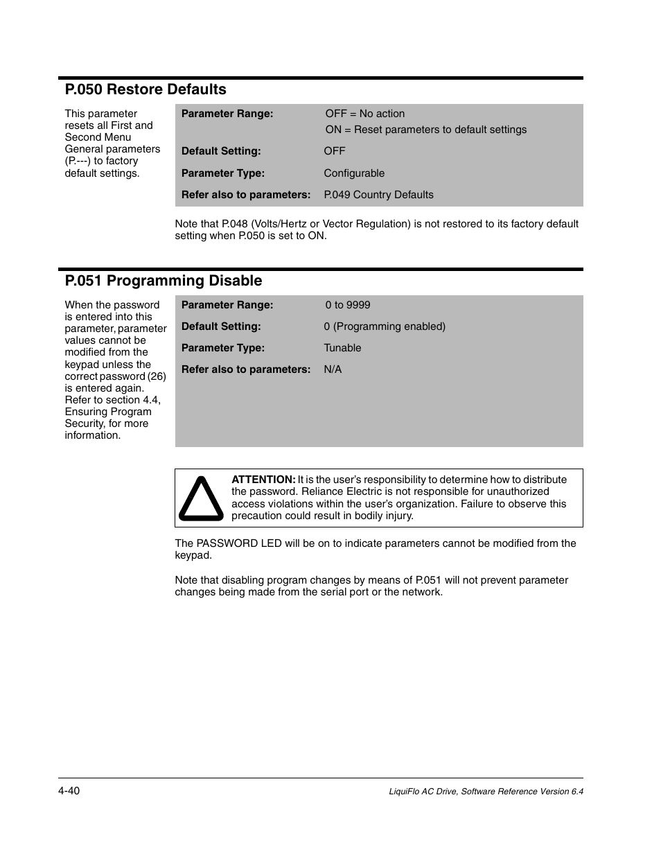P.050 restore defaults, P.051 programming disable | Rockwell Automation Liqui-Flo AC GP Vector Drive Version 6.4 User Manual | Page 122 / 226