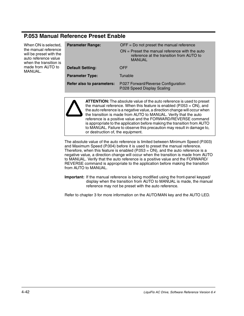 P.053 manual reference preset enable | Rockwell Automation Liqui-Flo AC GP Vector Drive Version 6.4 User Manual | Page 124 / 226