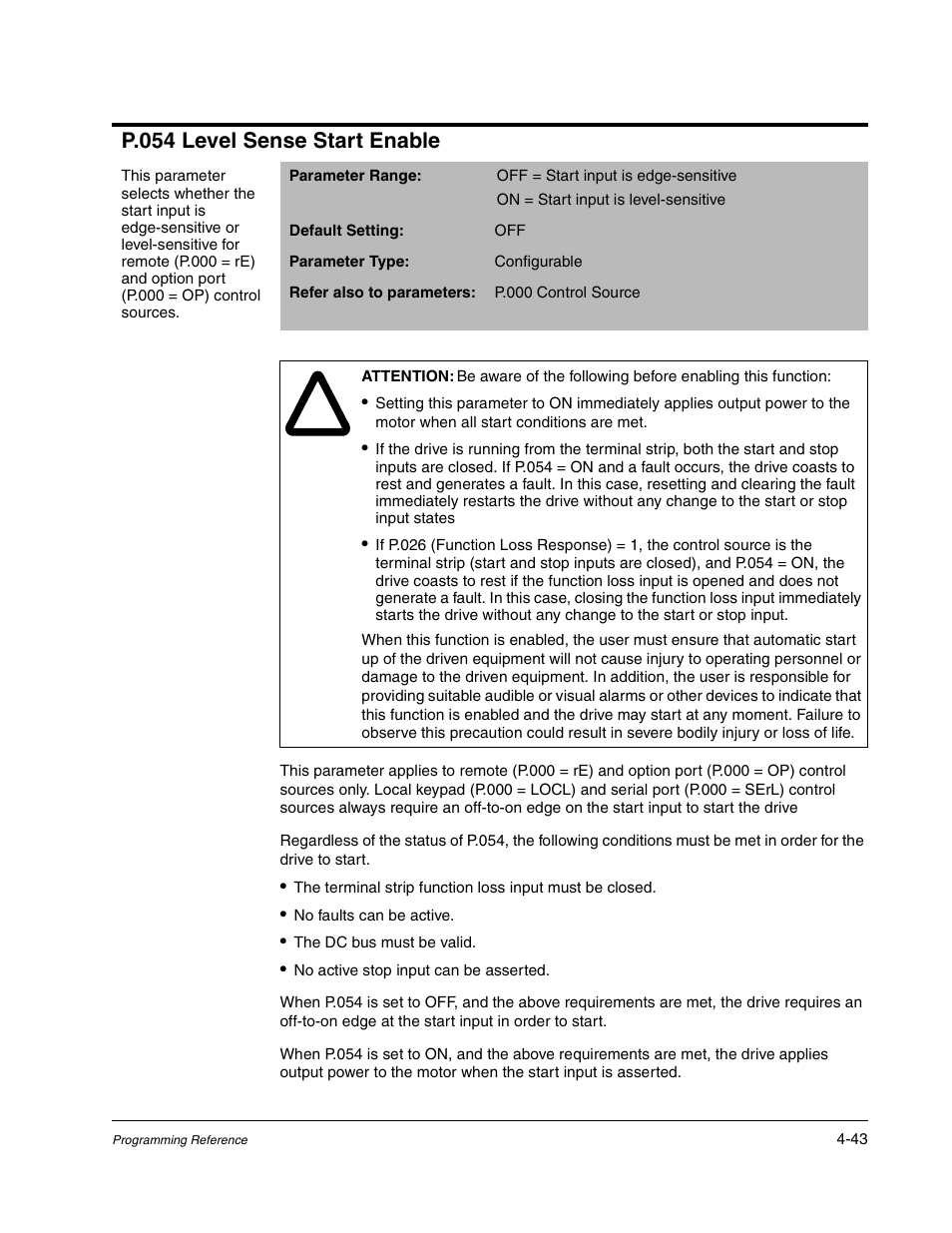 P.054 level sense start enable | Rockwell Automation Liqui-Flo AC GP Vector Drive Version 6.4 User Manual | Page 125 / 226