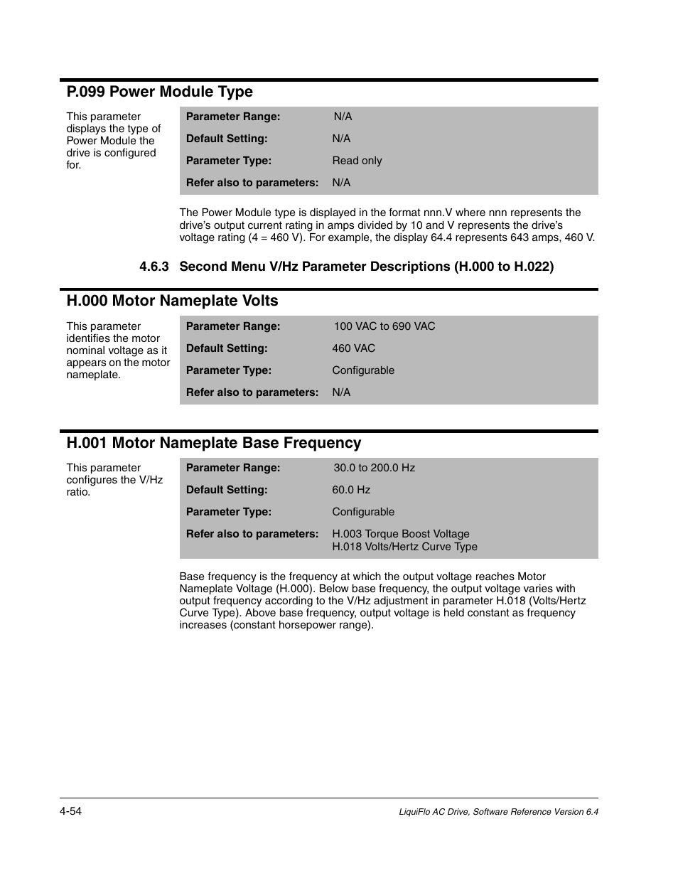 P.099 power module type, H.000 motor nameplate volts, H.001 motor nameplate base frequency | Rockwell Automation Liqui-Flo AC GP Vector Drive Version 6.4 User Manual | Page 136 / 226