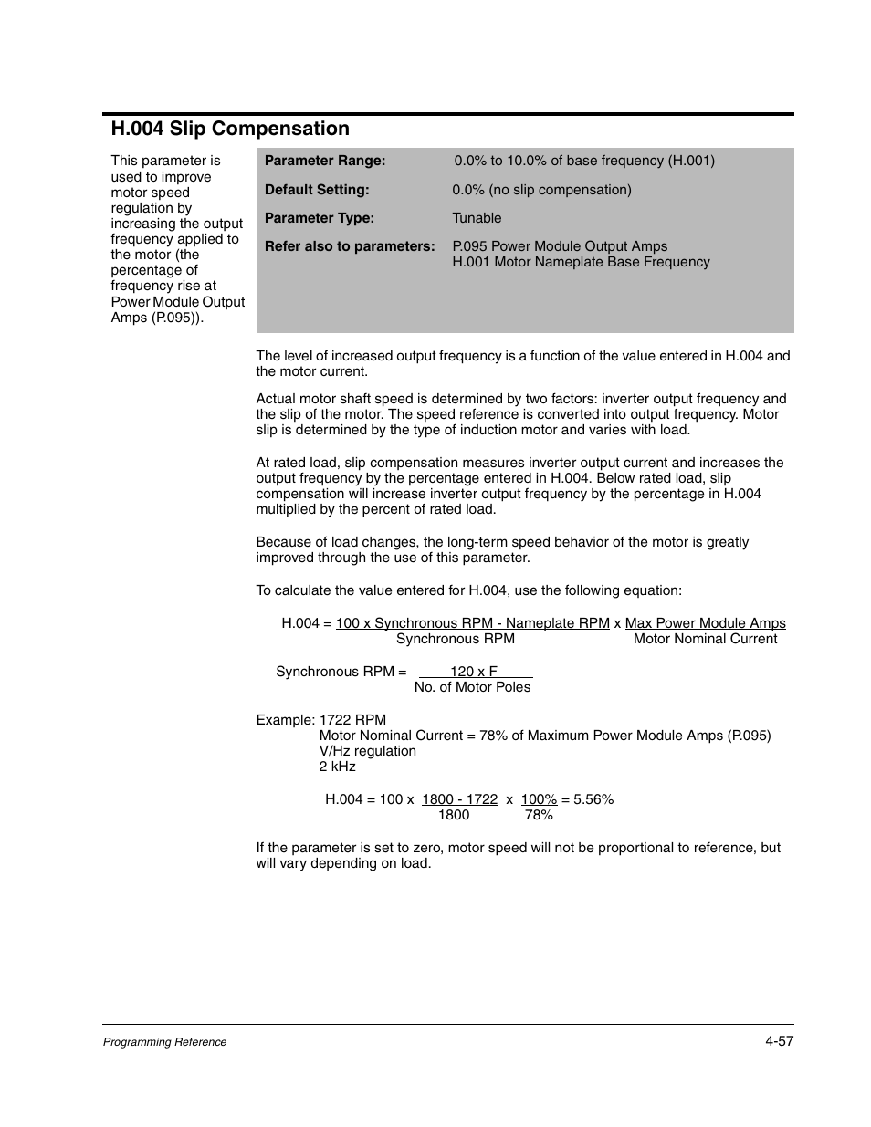 H.004 slip compensation | Rockwell Automation Liqui-Flo AC GP Vector Drive Version 6.4 User Manual | Page 139 / 226
