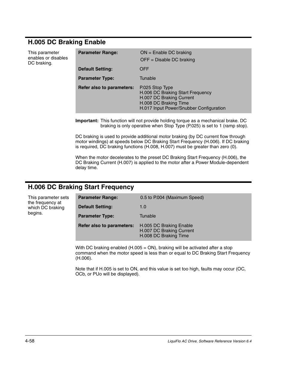 H.005 dc braking enable, H.006 dc braking start frequency | Rockwell Automation Liqui-Flo AC GP Vector Drive Version 6.4 User Manual | Page 140 / 226