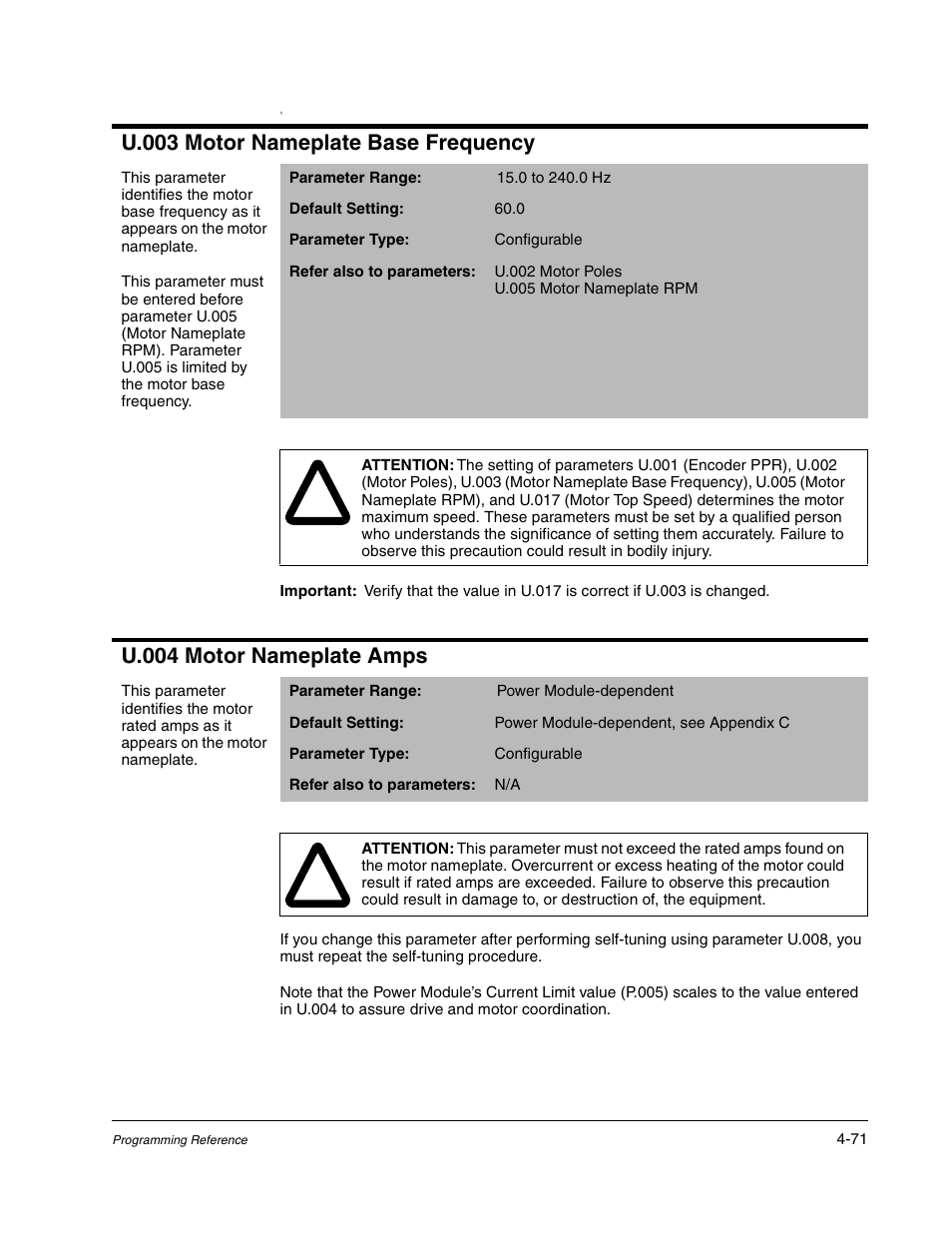 U.003 motor nameplate base frequency, U.004 motor nameplate amps | Rockwell Automation Liqui-Flo AC GP Vector Drive Version 6.4 User Manual | Page 153 / 226
