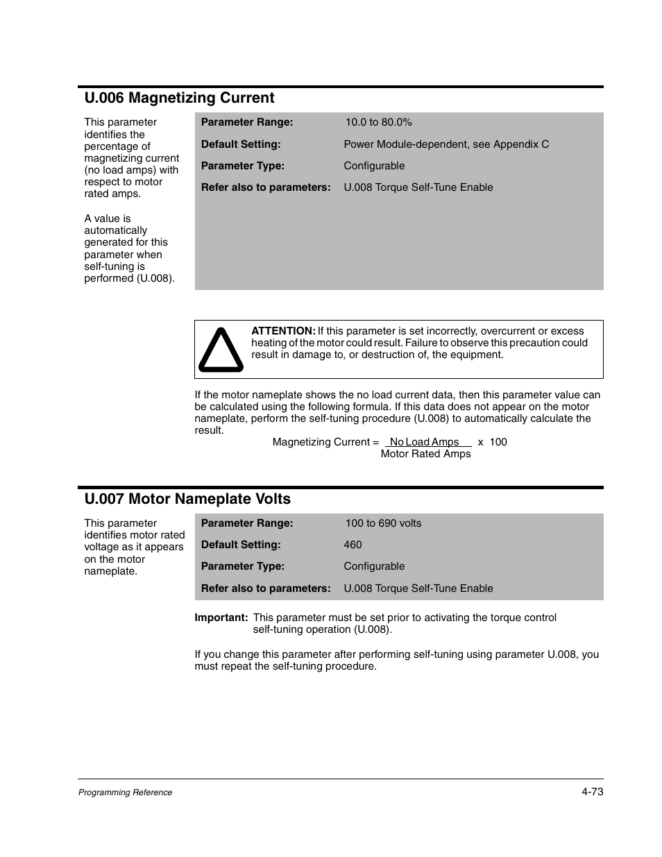 U.006 magnetizing current, U.007 motor nameplate volts | Rockwell Automation Liqui-Flo AC GP Vector Drive Version 6.4 User Manual | Page 155 / 226
