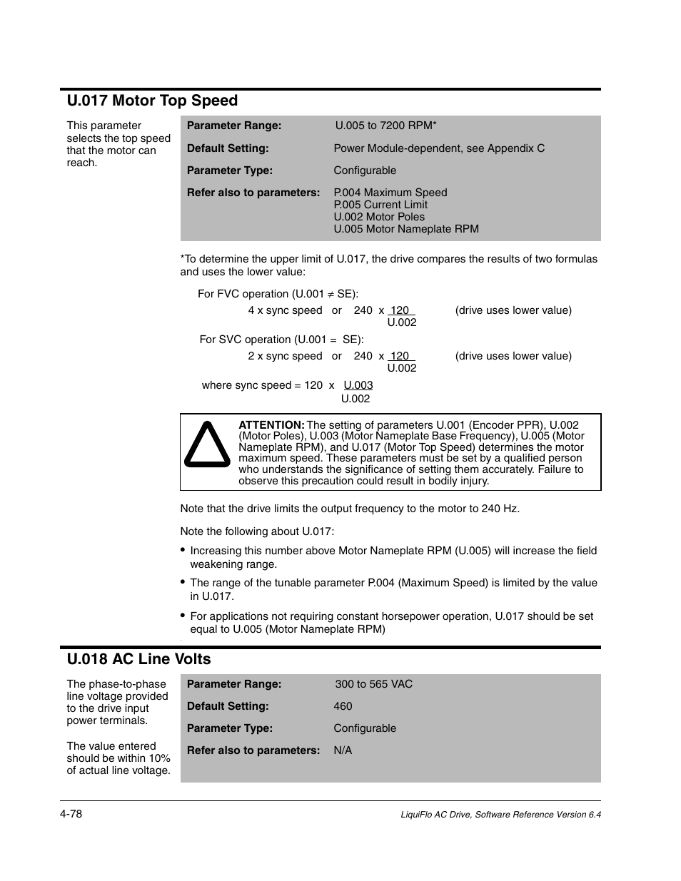 U.017 motor top speed, U.018 ac line volts | Rockwell Automation Liqui-Flo AC GP Vector Drive Version 6.4 User Manual | Page 160 / 226